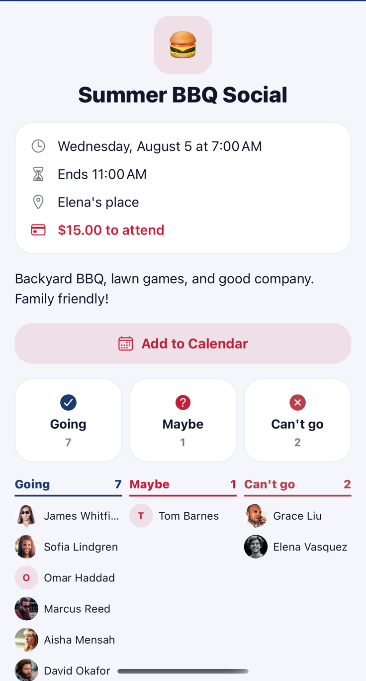 Assembly event detail screen with RSVP counts and paid attendance