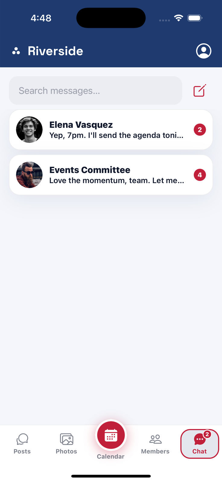 Assembly chat screen with direct and group conversations